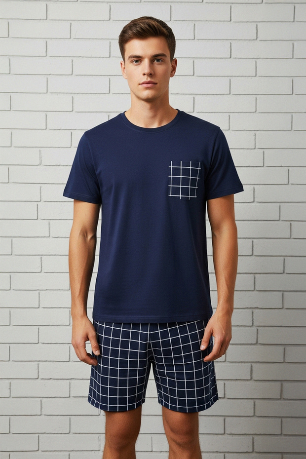 Lacivert Regular Fit Ekose Örme Şortlu Pijama Takımı TMNSS25PT00034 - 3