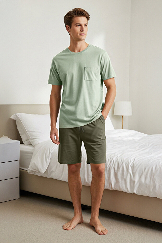 Mint -Haki Regular Fit %100 Pamuk Örme Şortlu Pijama Takımı TMNSS25PT00033 - 2