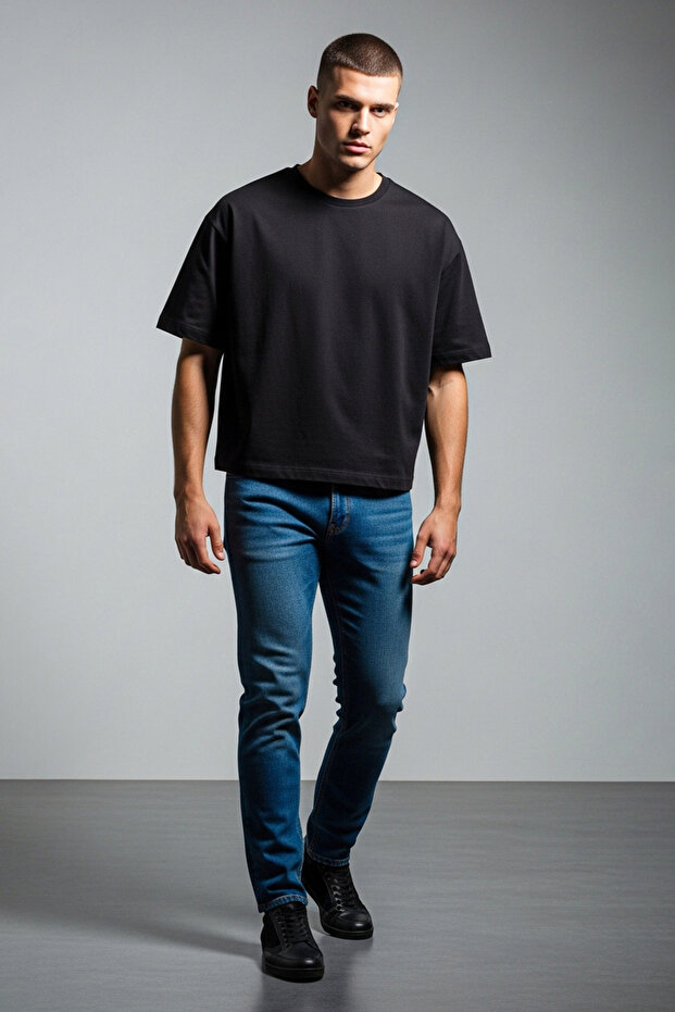Siyah Loose/Düşük Omuz %100 Pamuklu Basic T-Shirt TMNSS25TS00162 - 3
