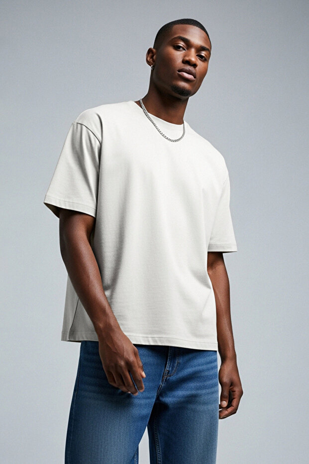 Ekru Loose/Düşük Omuz %100 Pamuklu Basic T-Shirt TMNSS25TS00162 - 2