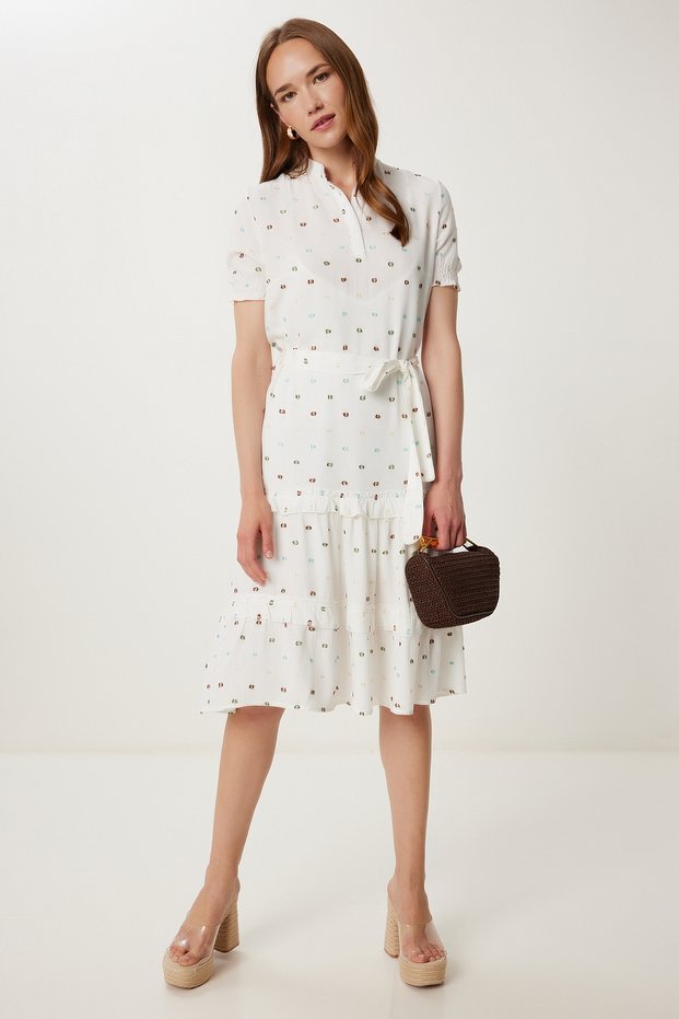 Women's Ecru Green Polka Dot Textured Summer Crinkle Dress Tp00055