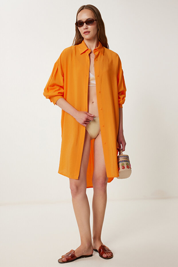 Kadın Oranj Oversize Midi Ayrobin Gömlek Elbise WF00106 - 1