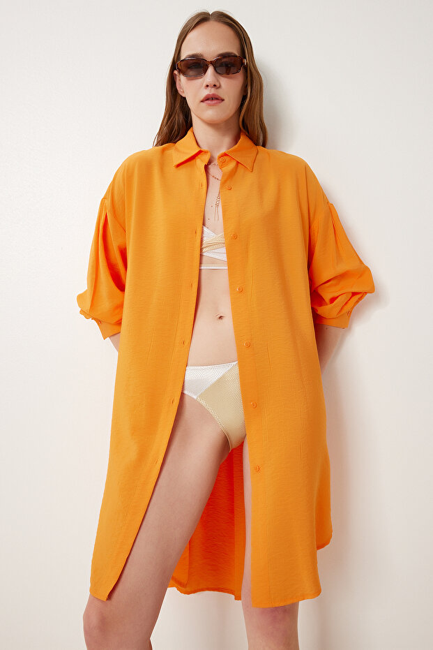 Kadın Oranj Oversize Midi Ayrobin Gömlek Elbise WF00106 - 2