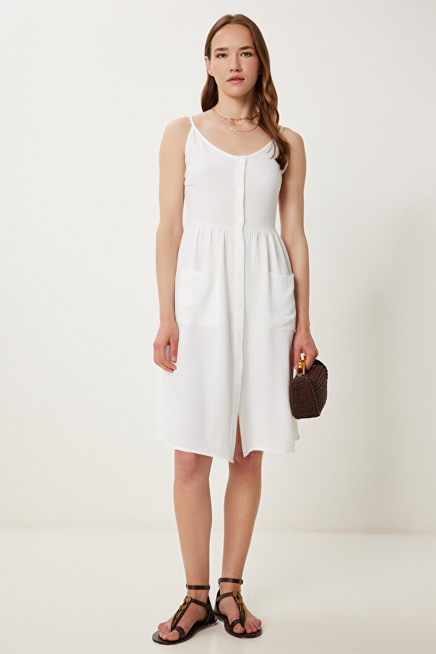 Women's Ecru Strap Buttoned Summer Ayrobin Dress Gx00007