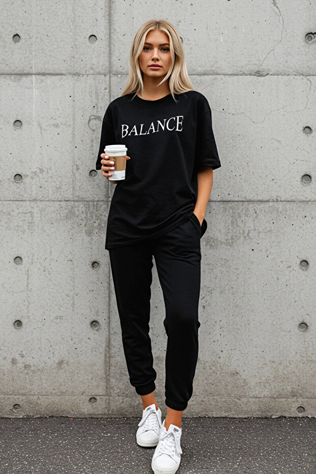 Siyah Slogan Baskılı Örme T-shirt Pantolon Alt-Üst Takım TWOSS25AU00098 - 1