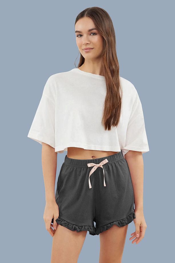 Gri-Pembe 2'li Paket Pamuklu Fırfırlı, Kurdele/Fiyonk Detaylı Örme Pijama Altı THMSS24PJ00027 - 3