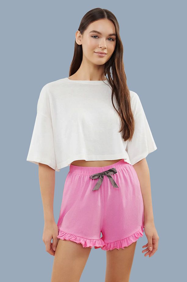 Gri-Pembe 2'li Paket Pamuklu Fırfırlı, Kurdele/Fiyonk Detaylı Örme Pijama Altı THMSS24PJ00027 - 2