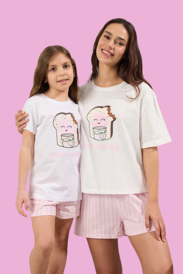Kadın Mini Me/Anne Kız Beyaz %100 Pamuklu Çizgili Baskılı Şortlu Örme Pijama Takımı THMSS25PT00353 - 1