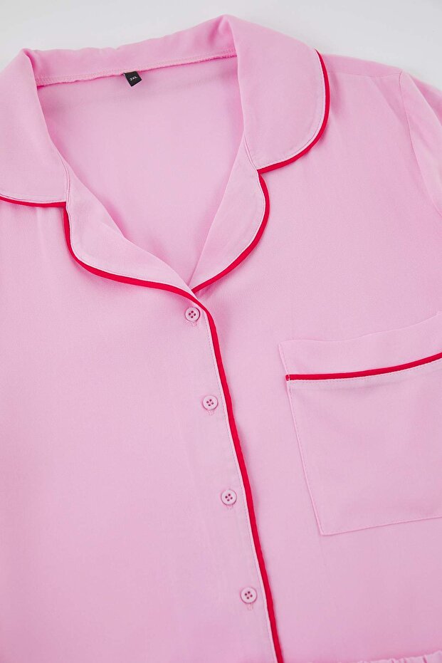 Pembe Biye Detaylı Viskon Dokuma Pijama Takımı TBBSS25AI00016 - 7