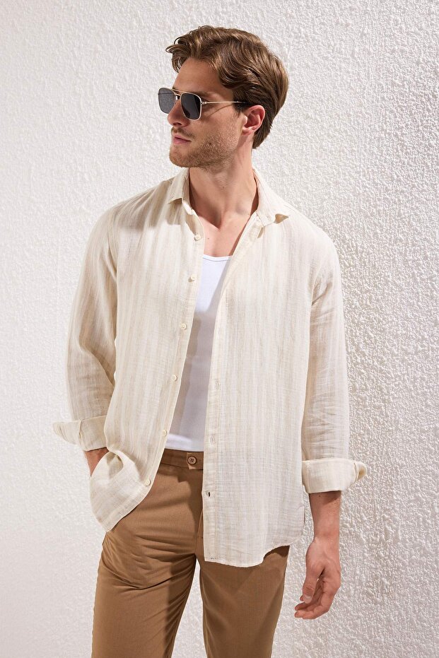 Bej Regular Fit Çizgili Nefes Alabilen Pamuklu Muslin Gömlek TMNSS25GO00015 - 1