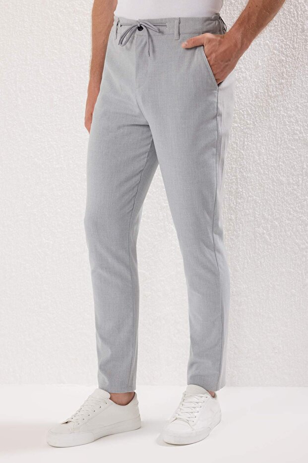Açık Gri Slim Fit Beli Bağlama Detaylı Lastikli Kumaş Dokuma Pantolon TMNAW25PL00027 - 3