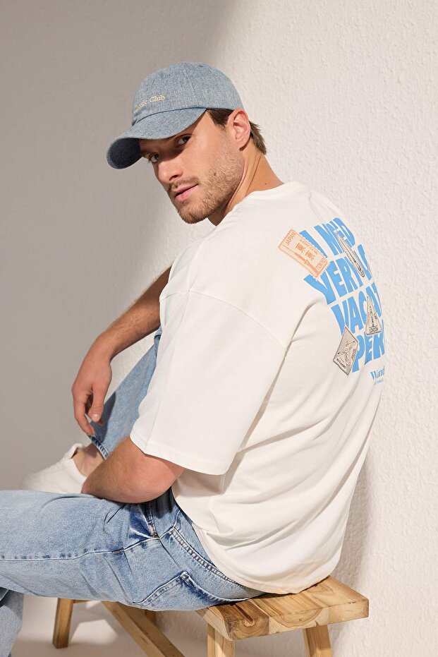 Ekru Oversize/Geniş Kesim Baskılı %100 Pamuklu T-Shirt TMNSS25TS00223 - 1