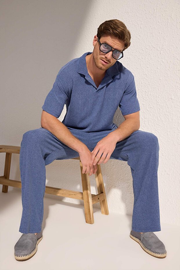 Indigo Oversize/Geniş Kesim Dokulu Örme Polo Yaka T-shirt TMNSS25PO00045 - 1