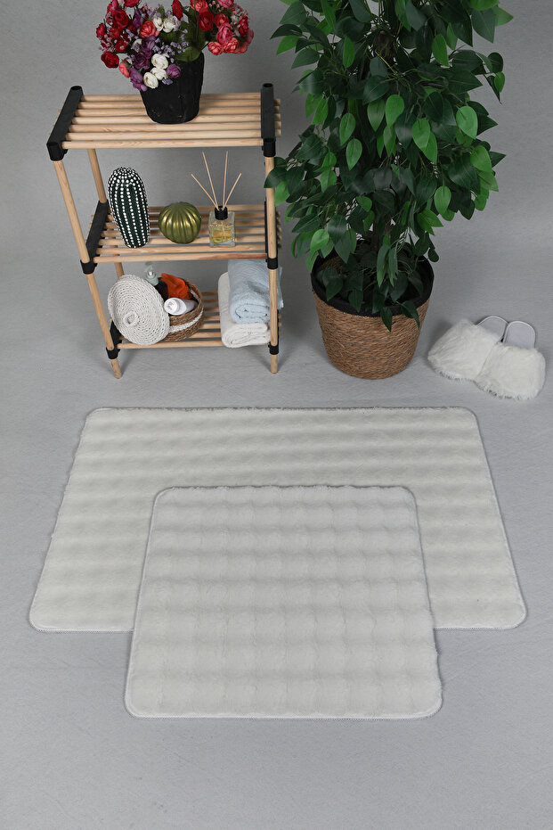 Modern Bubble Washable Non-Slip Plush Bath Mat Carpet 2-Piece Toilet Set 50X80-50X40Cm Cream
