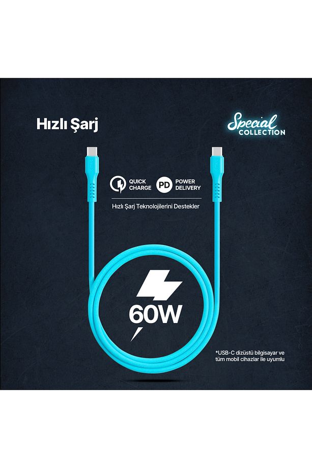 USB-C - USB-C 120cm 60W PD/QC Hızlı Şarj/Data Kablosu - 2