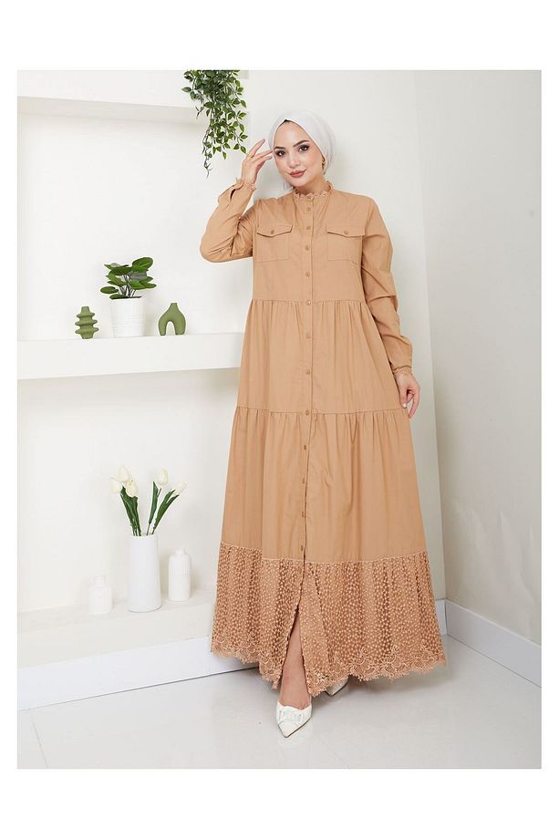 Dantelli Doğal Kumaşlı Boydan Düğmeli Kot Elbise Camel - 7