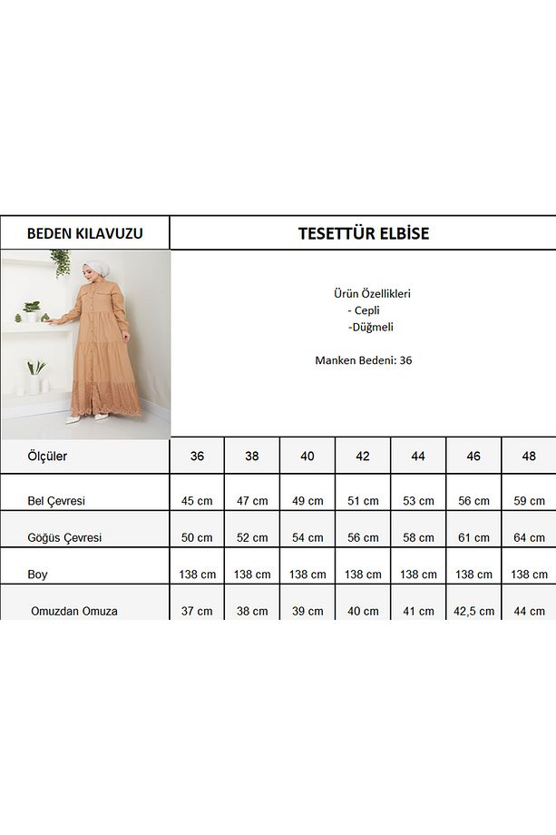 Dantelli Doğal Kumaşlı Boydan Düğmeli Kot Elbise Camel - 8