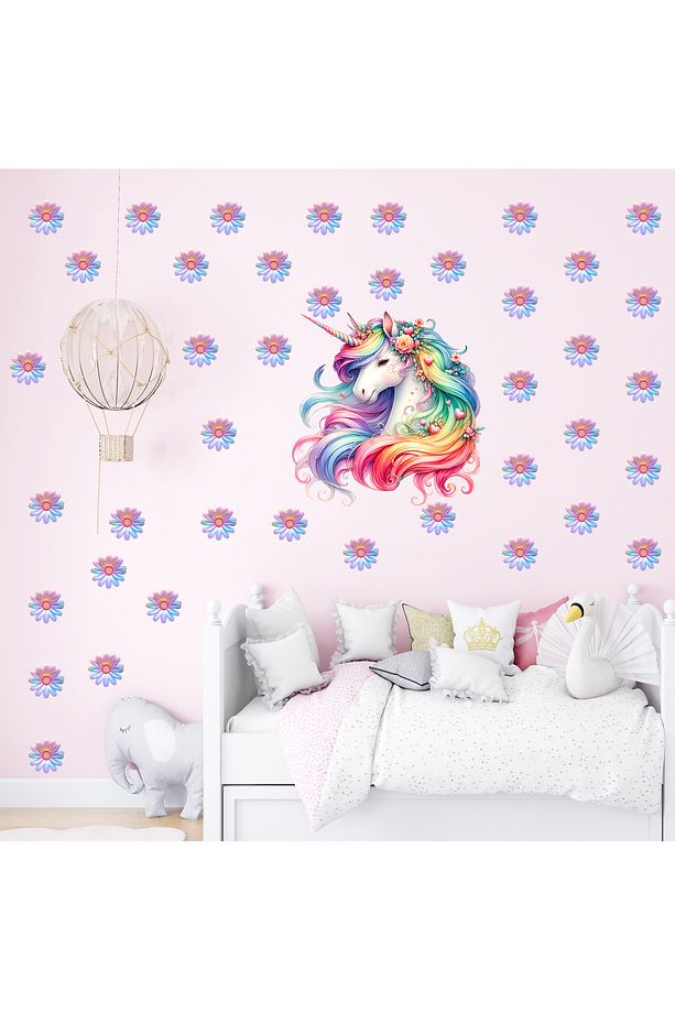Unicorn ve Gökkuşağı Desenli Papatyalar Çocuk odası duvar süsü, Duvar sticker - 2