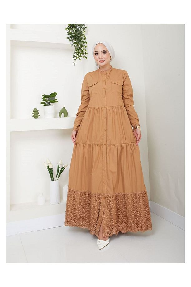 Dantelli Doğal Kumaşlı Boydan Düğmeli Kot Elbise Koyu Camel - 5
