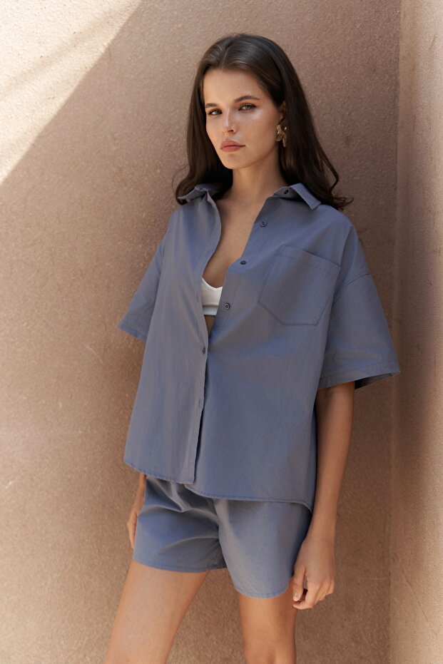 Corfu İndigo Gömlek Şort Takım - 6
