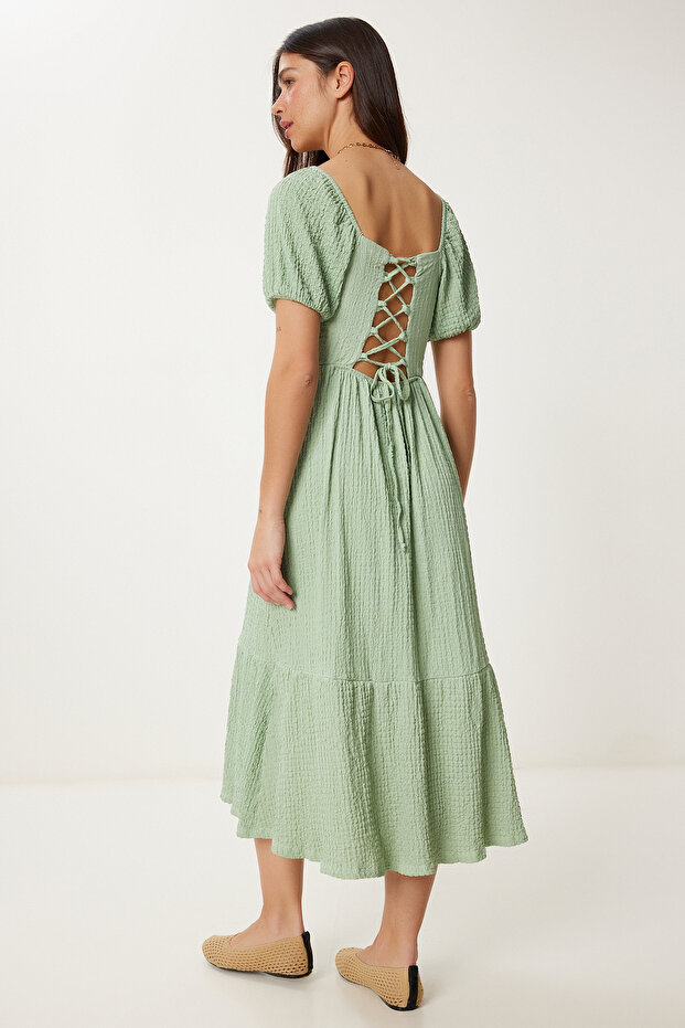 Heart Collar Textured Summer Knitted Dress Green Lub0010