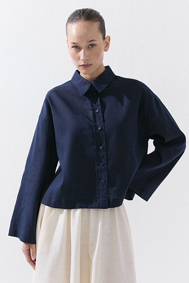 Lyocell Keten Basic Kısa Lacivert Gömlek - 8