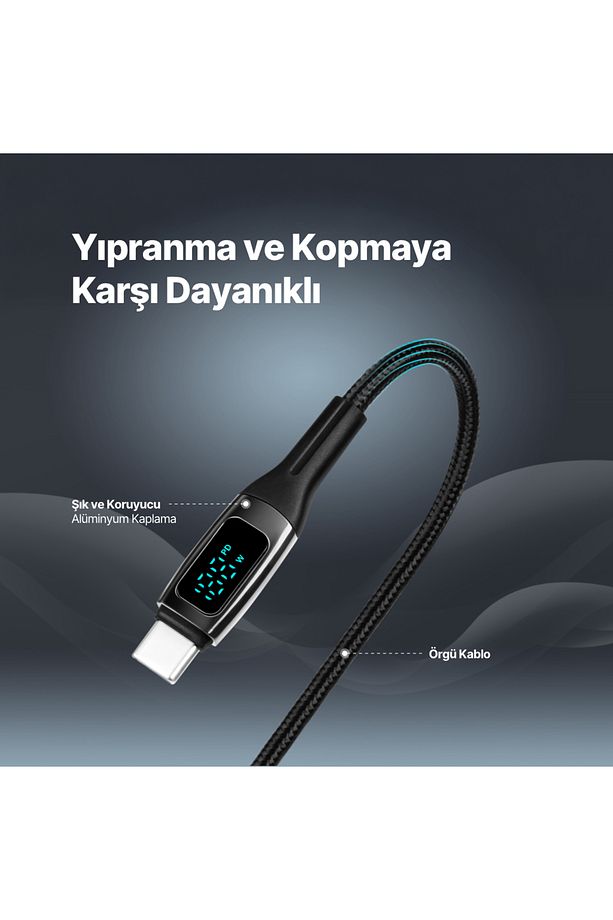 AlumiCable LCD USB-C – USB-C 100W PD/QC 150cm Hızlı Şarj/Data Kablosu ,Siyah - 6