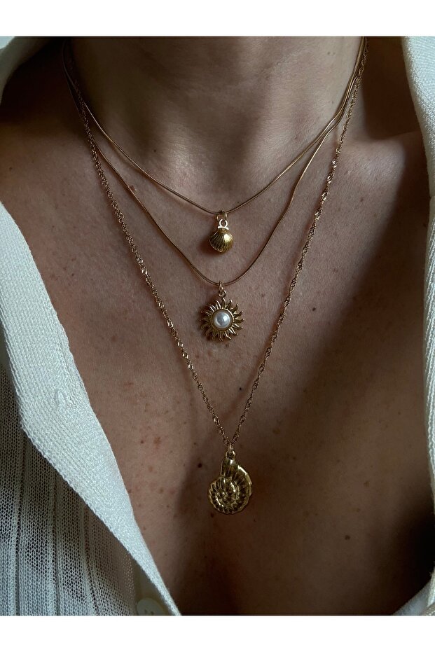 Stainless Steel 3-Piece Mussel Pearl Sun Necklace Set