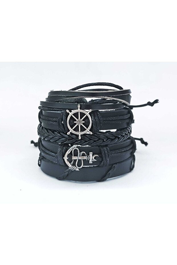 Sailor Combination Helm Anchor Figured Black Genuine Leather Bracelet 5 Pieces