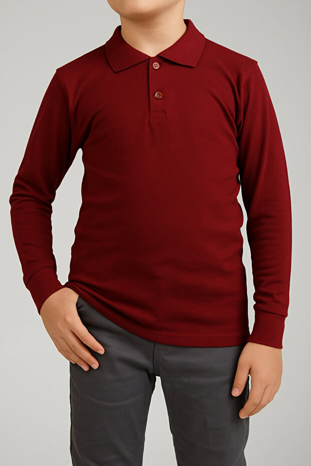 Unisex Children's Long Sleeve Regular Fit Comfort Polo Collar Solid Color School Combed Cotton Lacoste T-Shirt