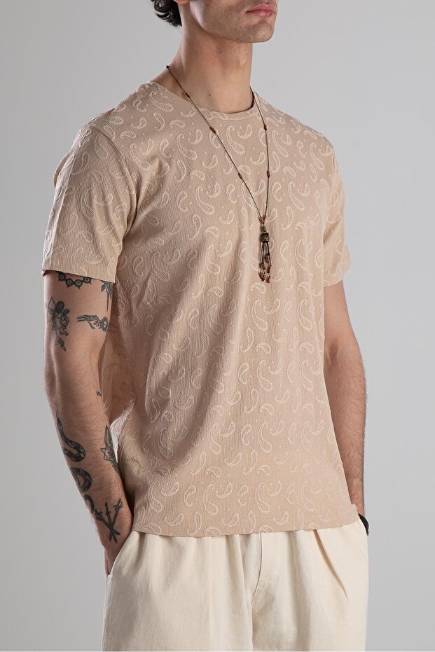 Jakarlı Krem Orme T-Shirt - 4