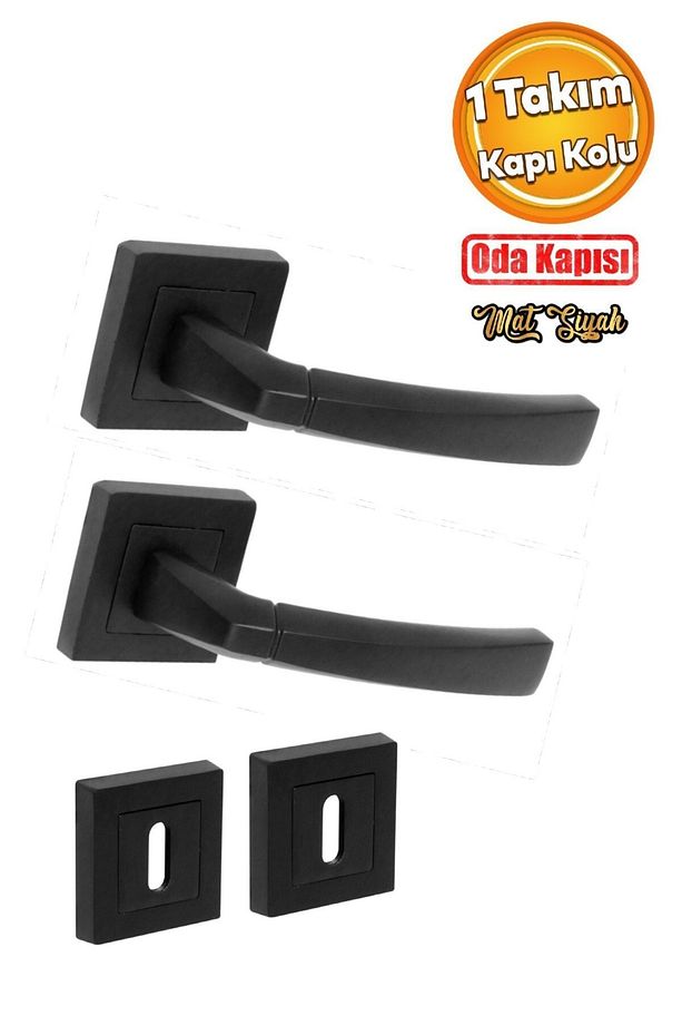 Kare Rozetli Mat Siyah Planet Oda Kapı Kolu / 1 Takım (Ön Ve Arka) - 1