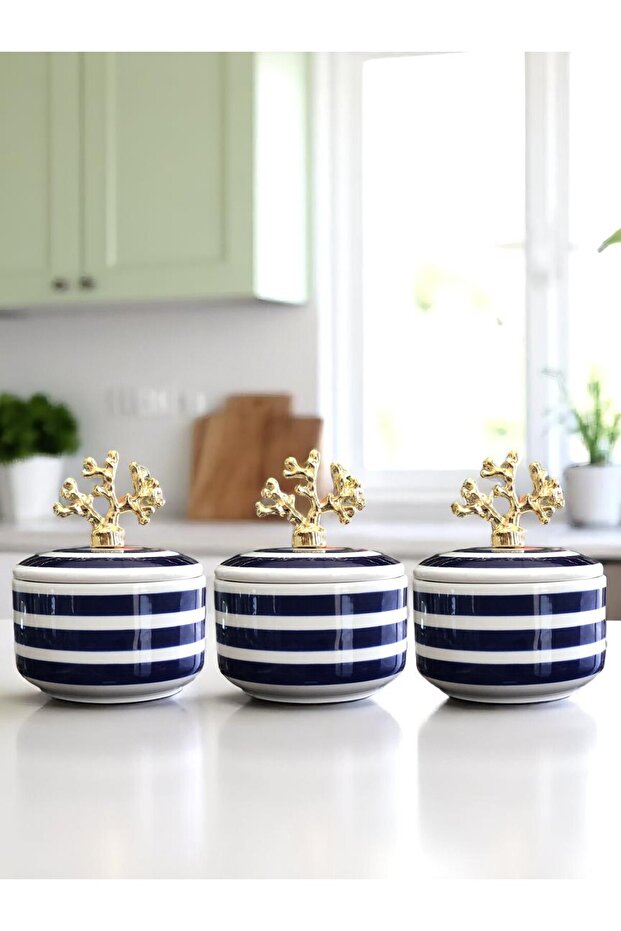 Kitchen Accessory 3-Piece Breakfast Spice Container Storage Container Sugar Bowl Navy Blue Classic Zebra Gold Coral