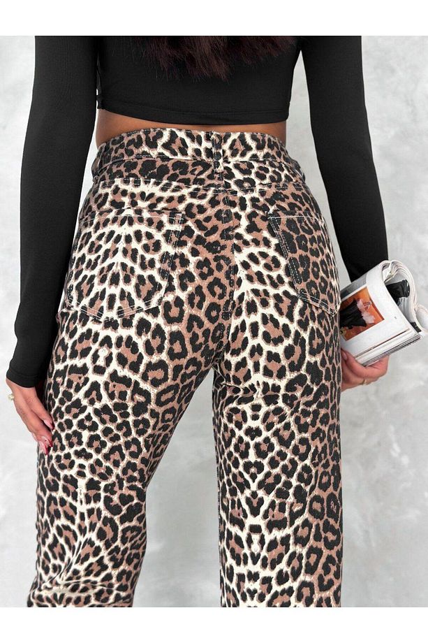 Leopar Desen Geniş Paça Yüksek Bel Pantolon - 6