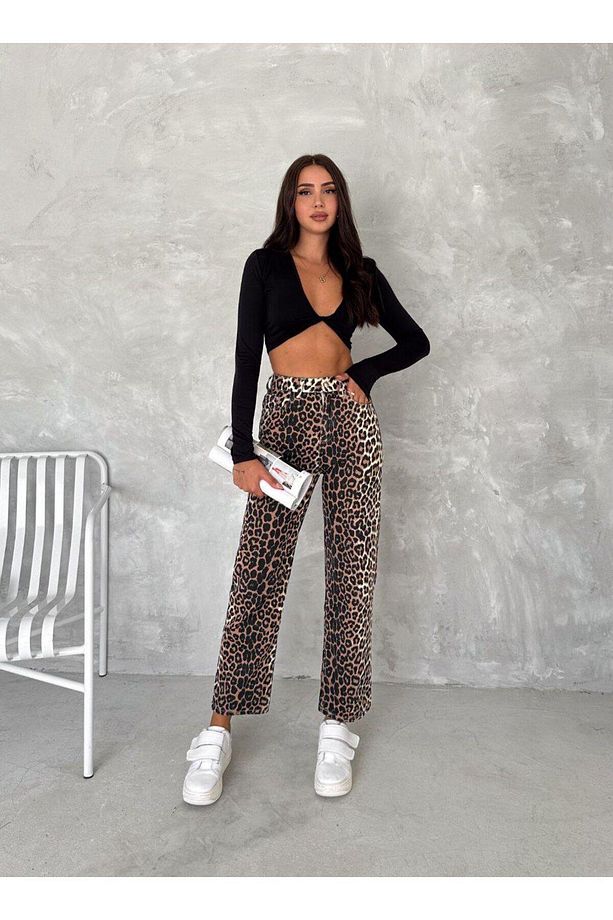Leopar Desen Geniş Paça Yüksek Bel Pantolon - 4