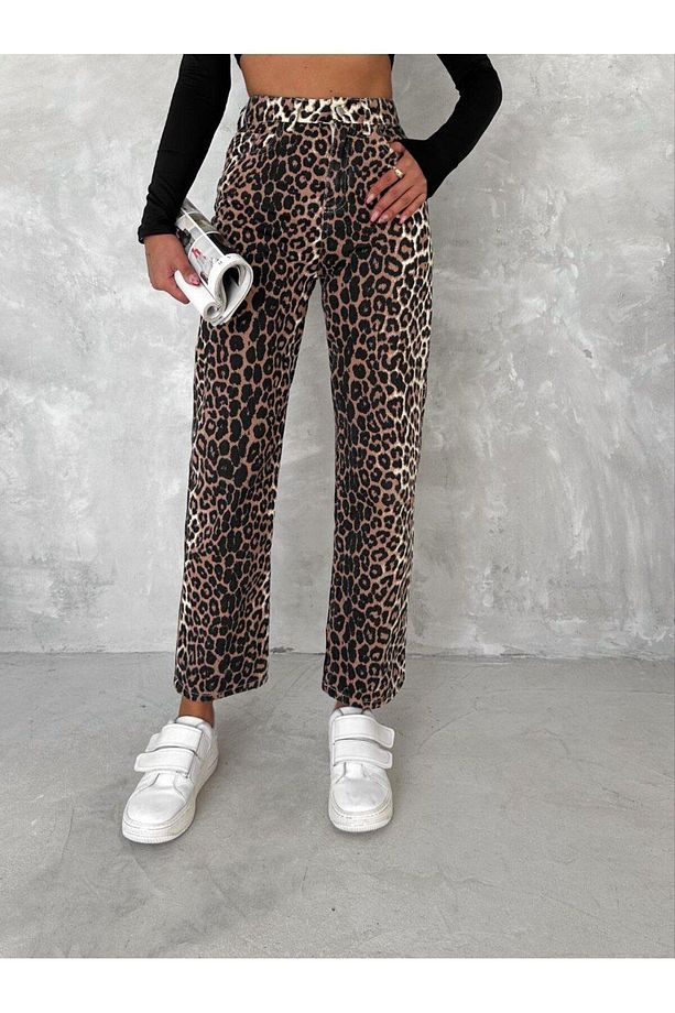 Leopar Desen Geniş Paça Yüksek Bel Pantolon - 1