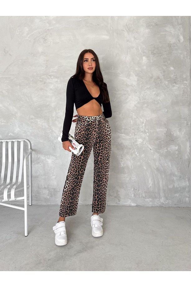 Leopar Desen Geniş Paça Yüksek Bel Pantolon - 2