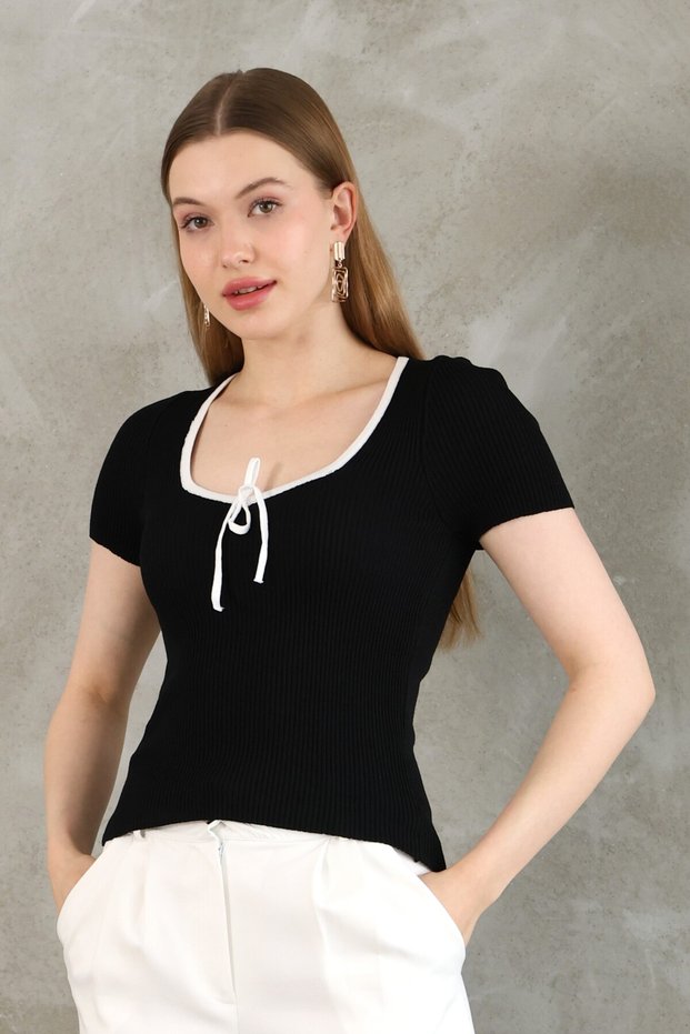 Black and White Square Neck Ribbed Bow Blouse Short Sleeve Knitwear T-Shirt