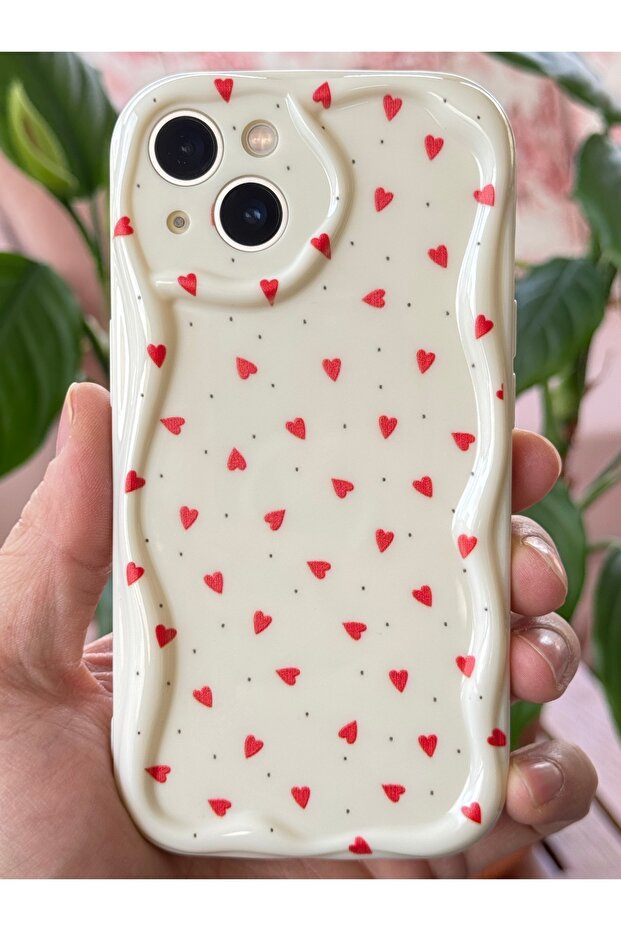 iPhone 14 Plus / 15 Plus Case Camera Protected Wave Edge Red Heart Pattern Silicone - 5