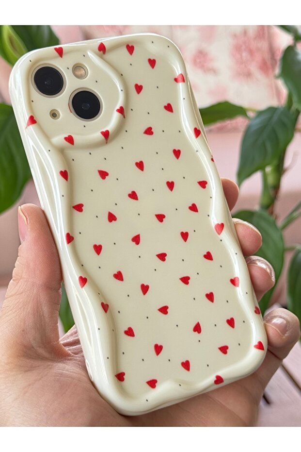 iPhone 14 Plus / 15 Plus Case Camera Protected Wave Edge Red Heart Pattern Silicone - 7