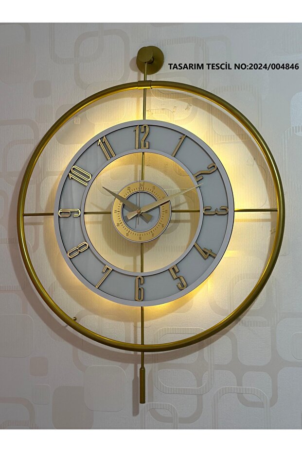 Pey Aksesuar Metal Camlı Duvar Saati 60x80 Cm Büyük Boy Işıklı Gerçek Cam Gold-şeffaf-beyaz-gold