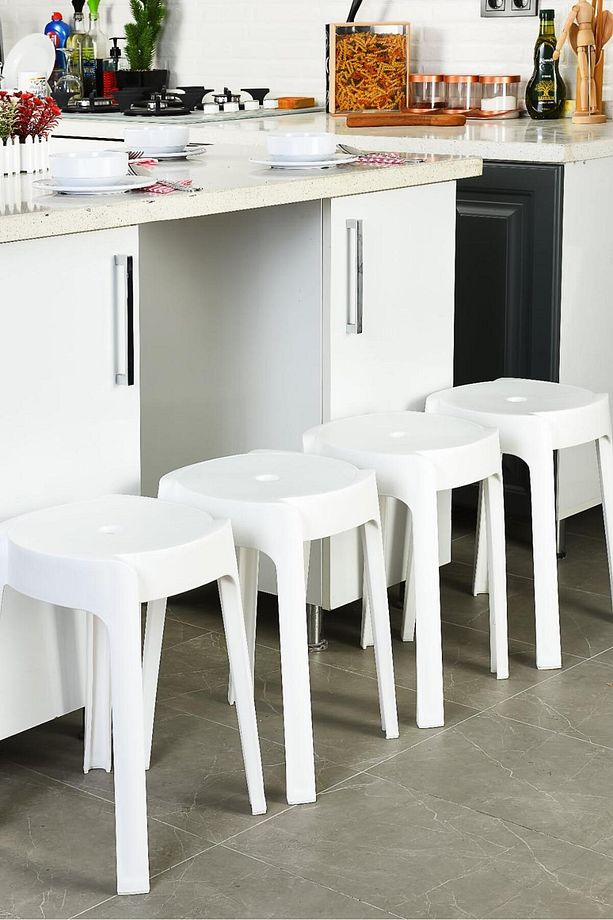 Kaymaz Ayaklı Dekoratif İç İçe Geçebilen Plastik Tabure Mutfak Bahçe Taburesi 2 Adet - 3