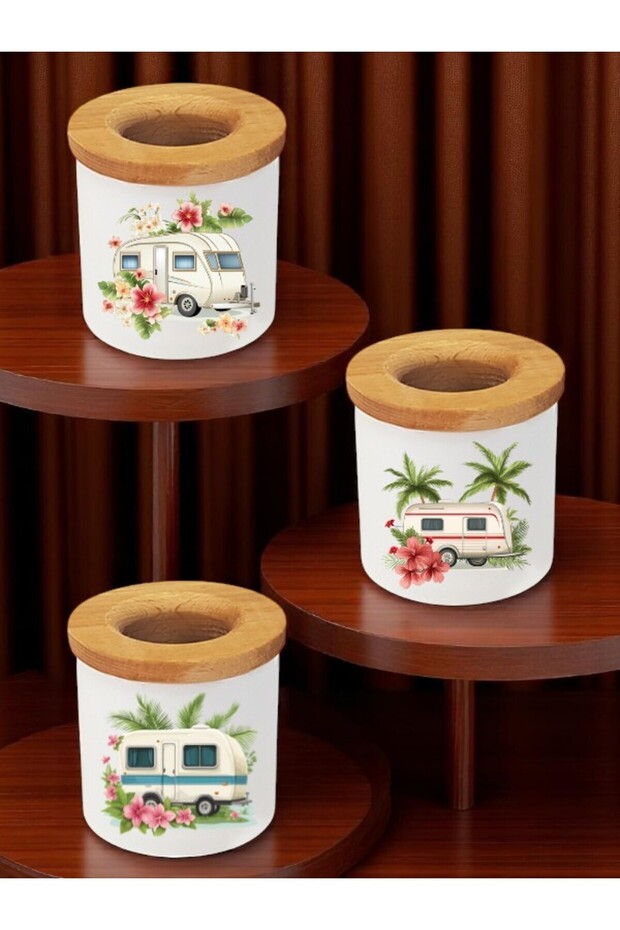 Caravan and Flower Printed 3-Piece Wooden Ceramic Desktop Pen Holder Pencil Case Office Gift