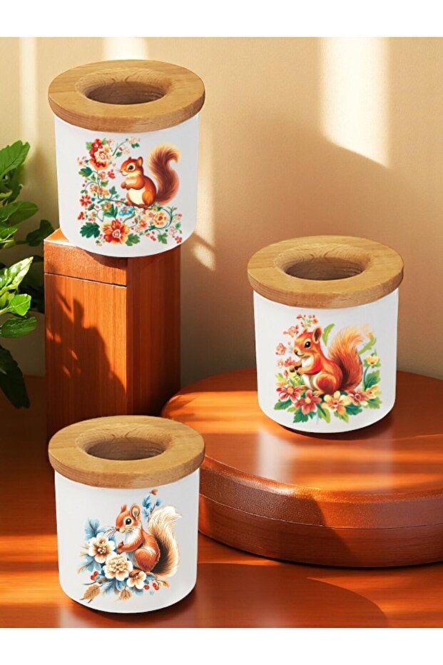 Squirrel and Flower Printed 3-Piece Wooden Ceramic Desktop Pen Holder Pencil Case Office Gift