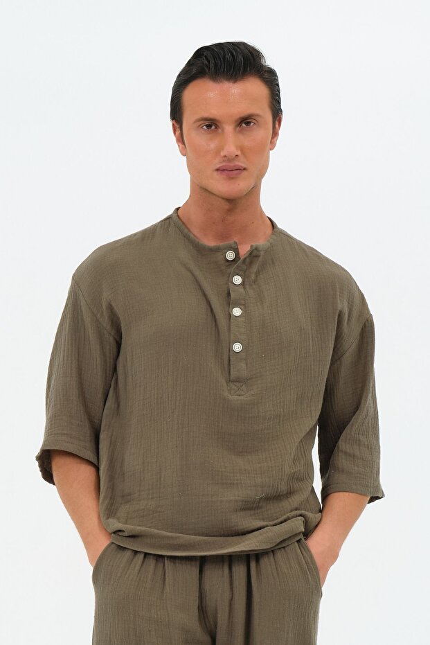 100% Cotton Muslin Fabric Fakir Sleeve Lapel Khaki Green Oversize Shirt