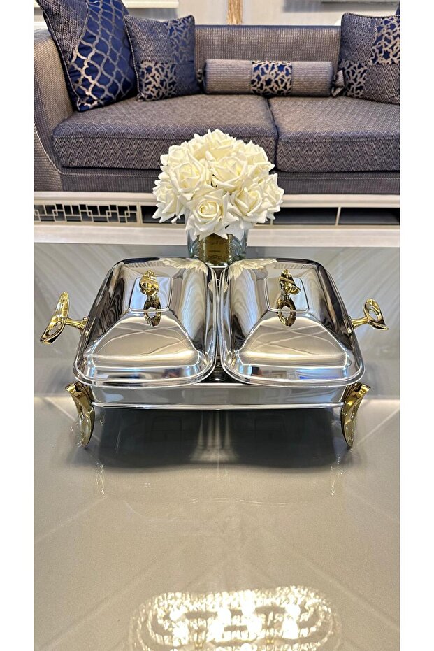 Gold Silver Two-Compartment Rectangular Serving Set - 2