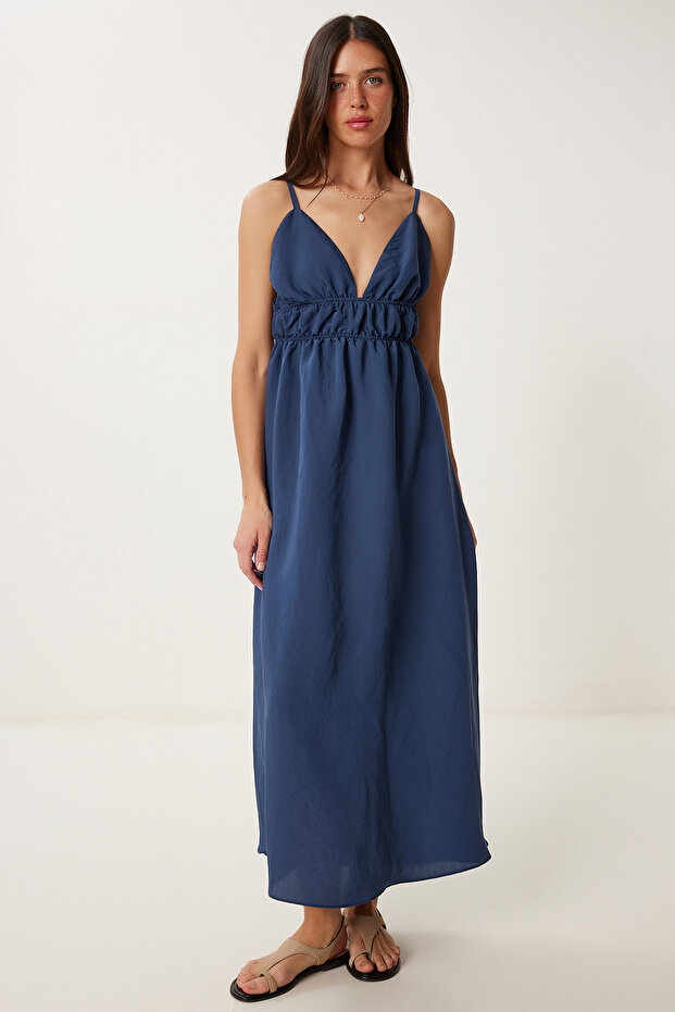 Backless Summer Poplin Dress Dark Blue Ldp0043