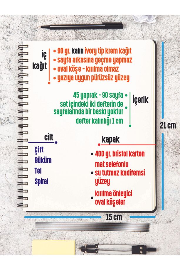 2 Adet Defter - Çelik Spiral - Çizgisiz - A5 - Toplam 180 Sayfa - Kalın Kağıt - 3