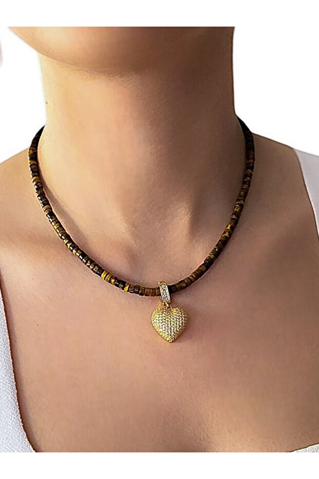 Kadın Doğal Kaplan Gözü Taşlı Kalp Kolye 40cm Kahve Rengi Ksplsngözü - 1