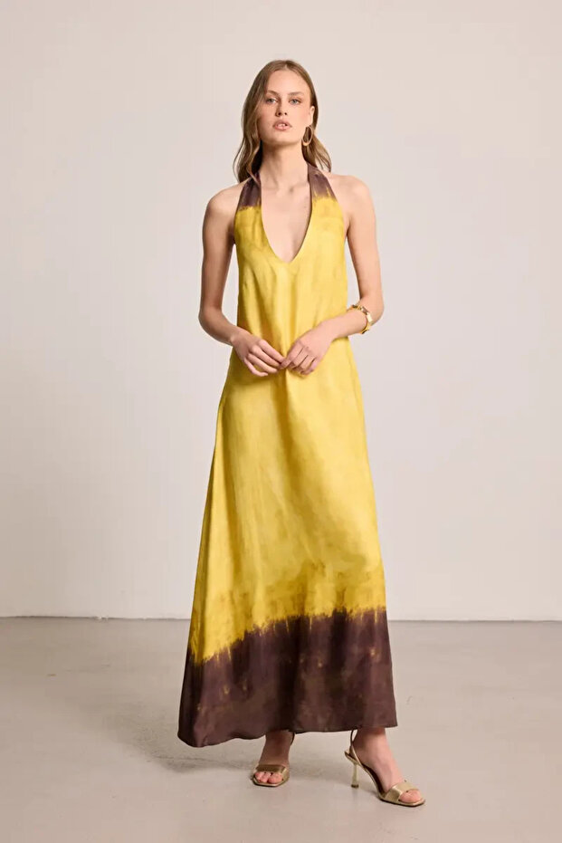 Halter Neck Long Satin Dress - Yellow